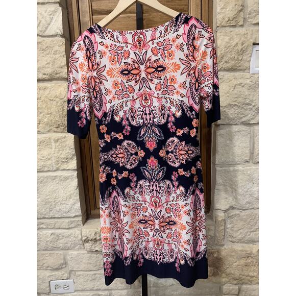 Eliza J Pink Navy Floral Paisley Shift Dress Size 0 Short Sleeve Classic Refined - Picture 6 of 6